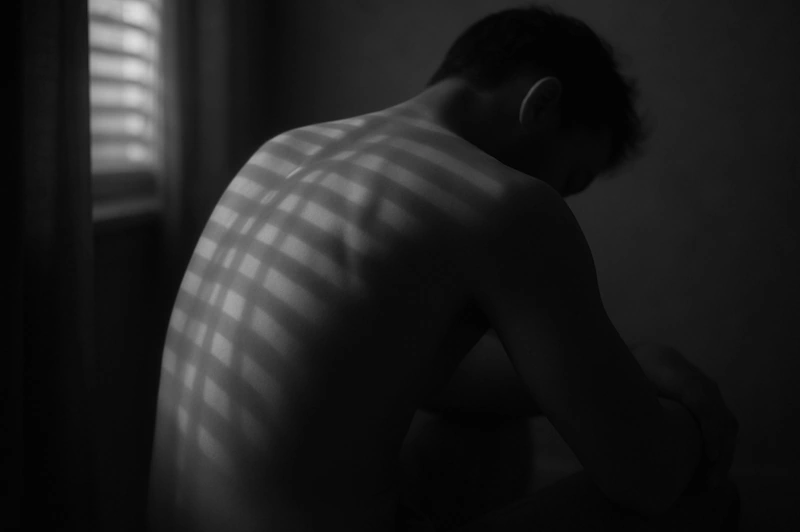 Ein Mensch sitzt mit nacktem Rücken in einem abgedunkelten Raum, den Kopf nach vorne geneigt. Durch ein Fenster fällt gestreiftes Licht auf seinen Rücken und wirft schattenartige Linien, die an Gitterstäbe erinnern. Die Stimmung wirkt still, nachdenklich und introspektiv. KI-generiert